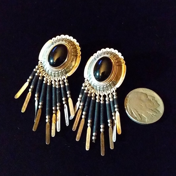 VINTAGE STC Sterl.Silver Onyx Concho Fringe Drop Earrings **WKEND SALE PRICE** - Picture 10 of 12